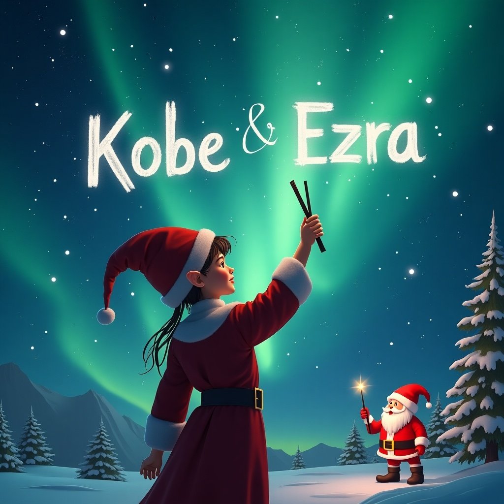 An elf faces a magical sky. The elf uses a wand to write names in the air. The background has northern lights and Santa. The names written are 'Kobe' & 'Ezra'.