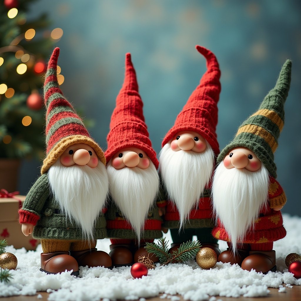 Four festive gnomes with red and green hats and white beards. Displayed in a snowy setting with a Christmas tree.