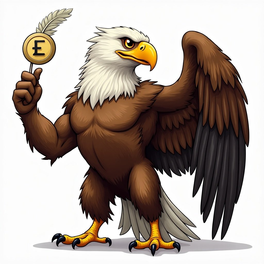 Muscular eagle holds feather in one hand and coin with letter E in the other hand. Eagle appears strong and confident. Background is simple and clean for focus.