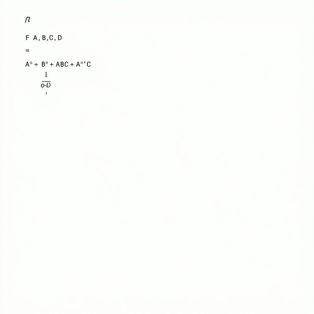 Formula for a Boolean function in digital logic. Variables A, B, C, D included. Equation shows different terms involving complements and products.