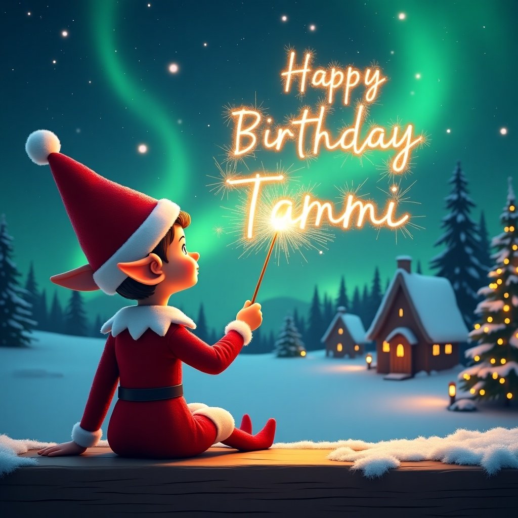 Elf sits on wooden ledge holding sparkling wand. The elf is dressed in red outfit with a pointed hat. Writings 'Happy Birthday Tammi' appear in sparkling firework script. Scene features snowy landscape, charming houses, evergreen trees, and Northern Lights. Captures essence of childhood magic and Christmas cheer.