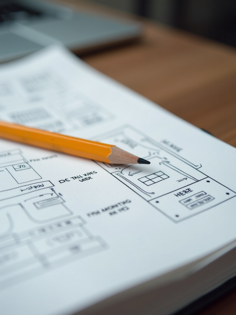 A yellow pencil rests on a detailed engineering blueprint on a wooden desk.