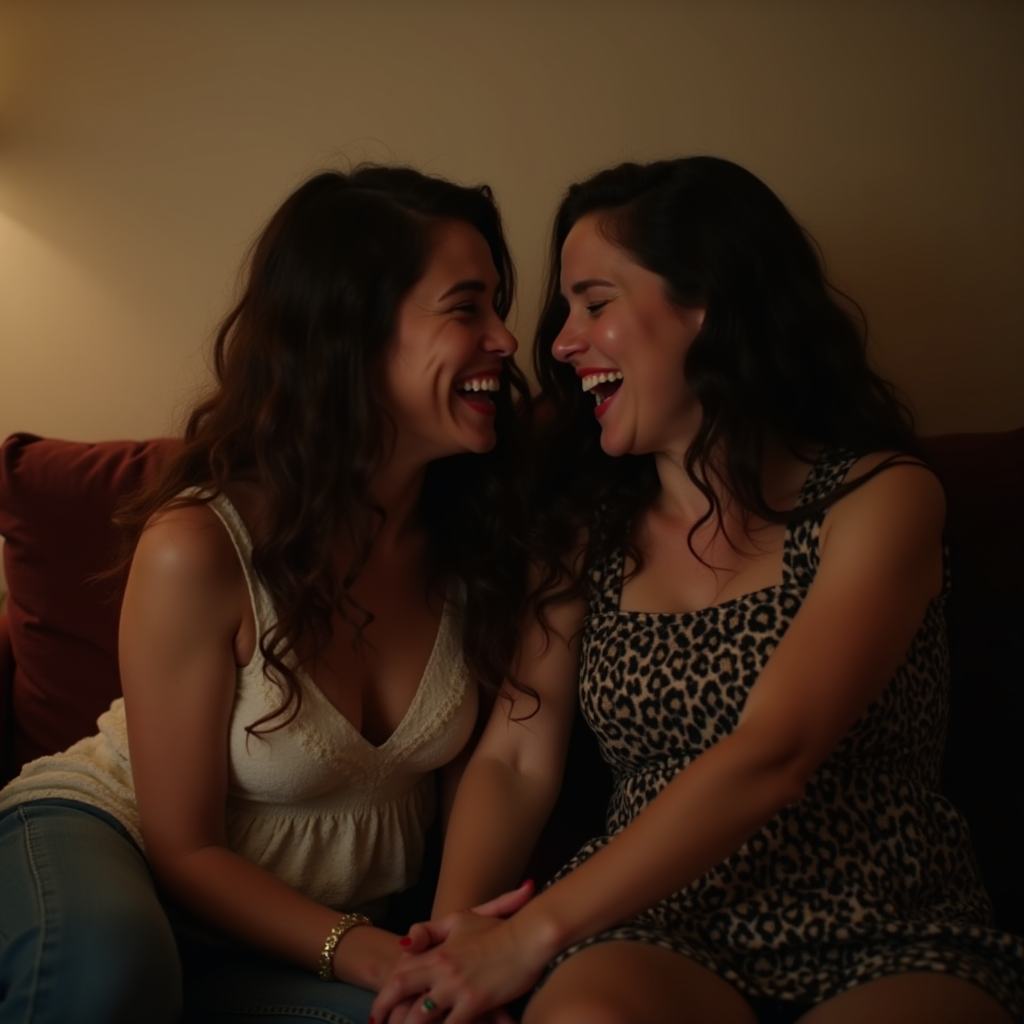 Two women sharing a joyful moment on a couch, illuminated by warm ambient lighting.