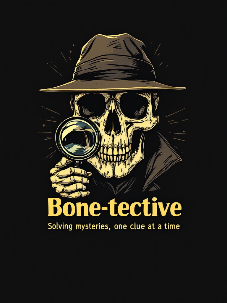 Illustrate a T-shirt design featuring a skull wearing a detective hat. The skull holds a magnifying glass. The text is 'Bone-tective: Solving mysteries, one clue at a time.'