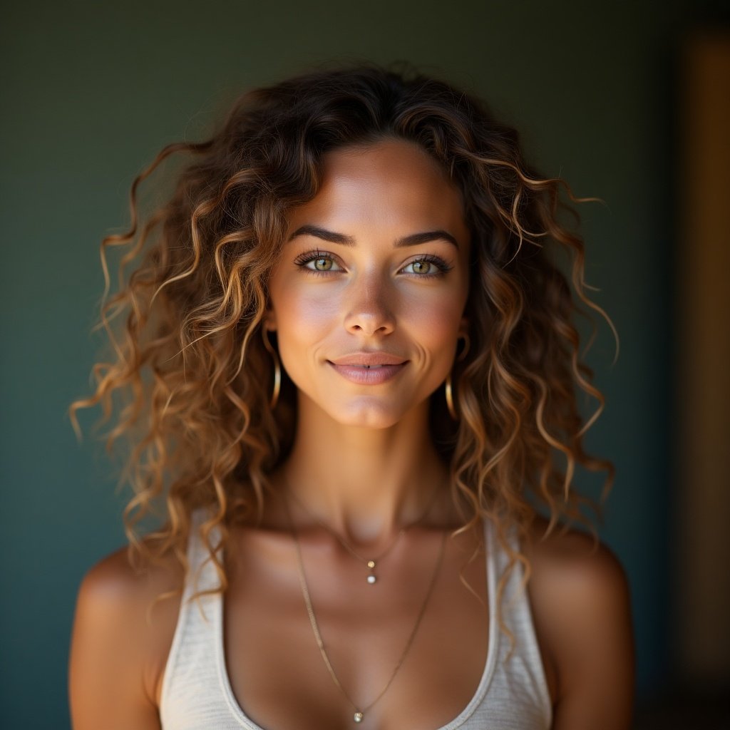 Portrait of a beautiful young woman with curly hair. She has a friendly expression. The background is softly lit and neutral in color.