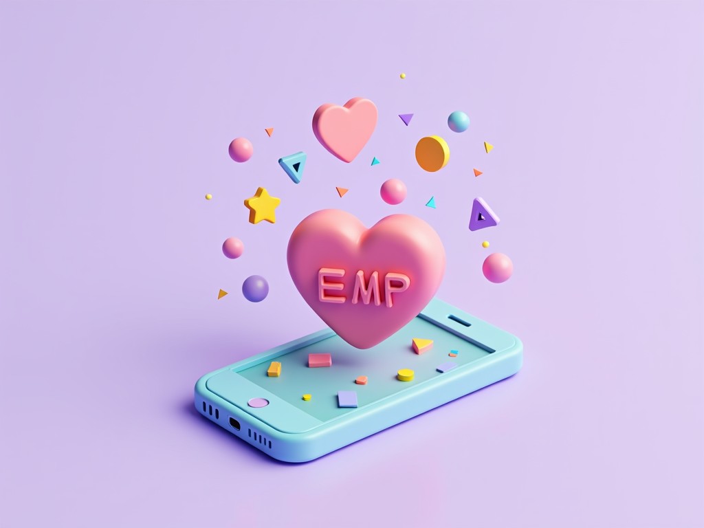 This image features a playful, pastel-colored design highlighting a heart with the letters 'EMP' floating above a digital smartphone. Surrounding the main heart are various geometric shapes like stars, triangles, and circles, all in complementary soft tones, creating an energetic and whimsical atmosphere. The minimalist background further emphasizes the vibrant elements, capturing a sense of modern digital connectivity and affection.