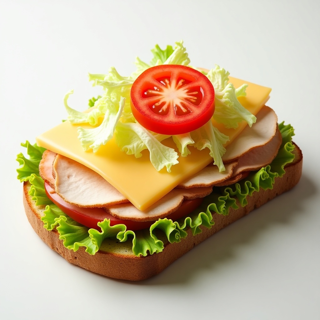 This image showcases a delicious turkey and cheese sandwich on a slice of brown bread. The sandwich features layers of sliced turkey, yellow cheese, fresh lettuce, and a thick slice of tomato. The ingredients are arranged neatly to emphasize freshness and color contrast. Soft lighting illuminates the sandwich, highlighting its textures. This ultra-realistic picture captures the mouth-watering appeal of a healthy lunch option.