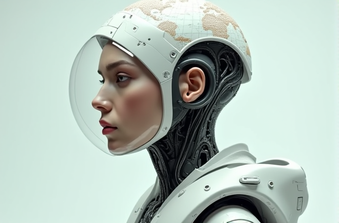 A futuristic humanoid robot with a human-like face and an intricate mechanical neck and shoulders, wearing a transparent helmet with a map design.