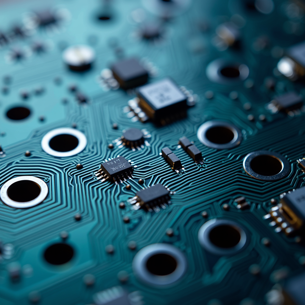 A close-up view of a complex circuit board with microchips and intricate pathways.