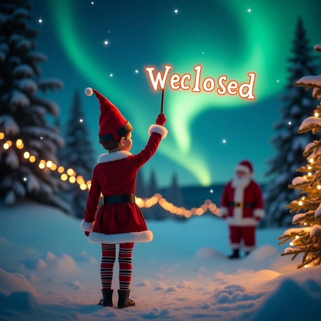 Enchanting Christmas scene with elf and Santa. Elf in red outfit raises wand. 'WEClosed' spelled in sky. Northern lights illuminate the landscape. Snowy background with warm string lights.