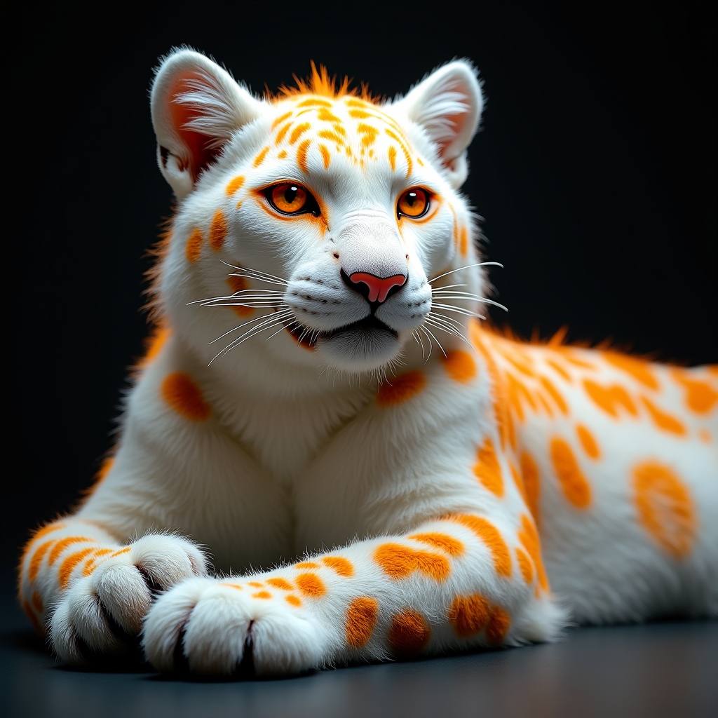 A fantastical rendering of a vibrant orange and white feline with striking eyes.