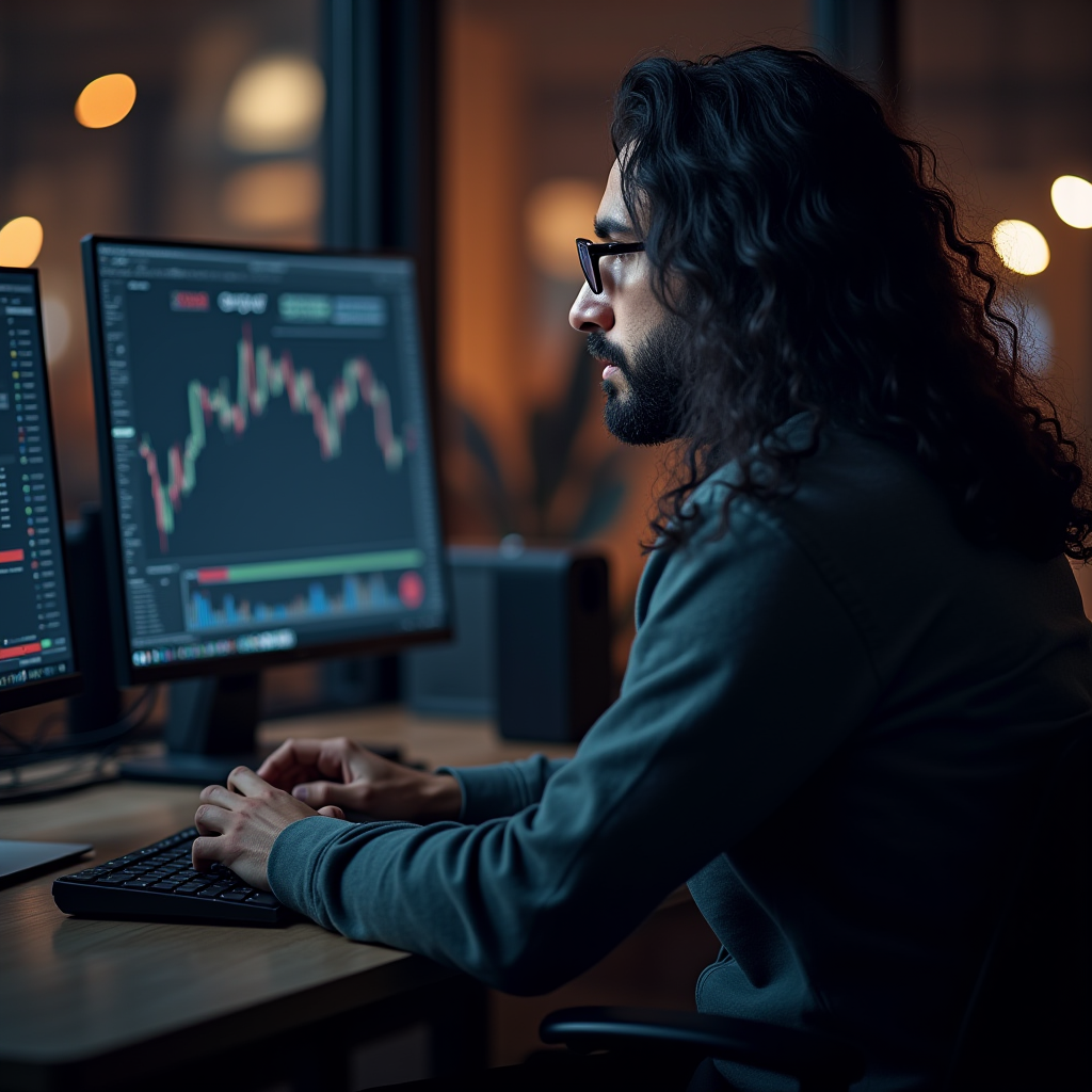 A person intensely analyzing stock market charts on multiple monitors in a dimly lit office.