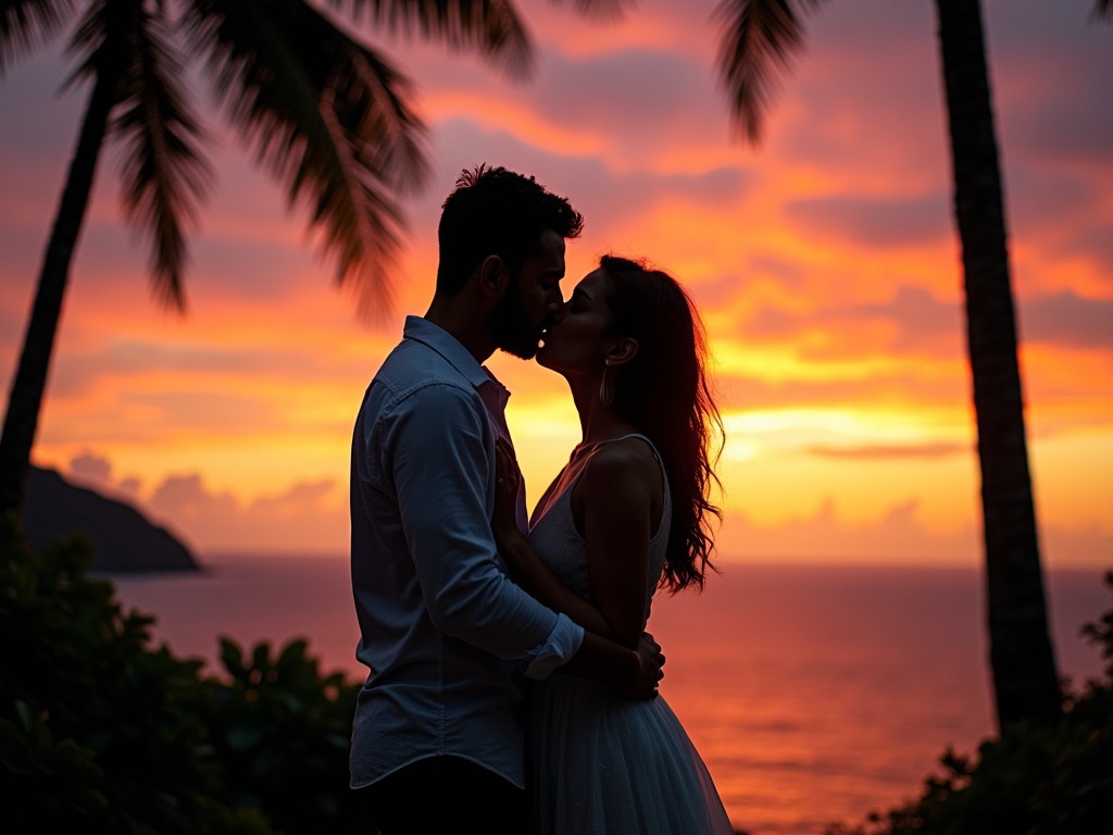 A couple kisses tenderly against a breathtaking sunset backdrop. The scene is filled with warm, vibrant colors that blend beautifully in the sky. Palm trees frame the scene, adding a tropical touch. The couple is silhouetted against the glowing sunset, capturing a moment of connection and romance. This setting is perfect for conveying love and tenderness during a special occasion like a wedding or romantic getaway.