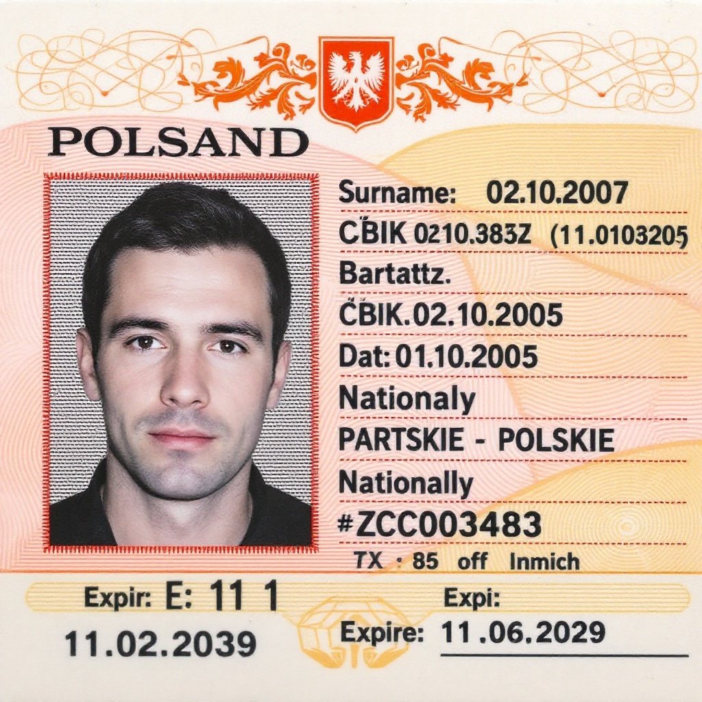 Polish identity card shows a male photo. Card includes personal details. Name is Bartosz, date of birth is 02.10.2005. Nationality is Polish. Identity card number is ZCC003483. Expiration date is 11.02.2029. Features Poland's emblem and security details.