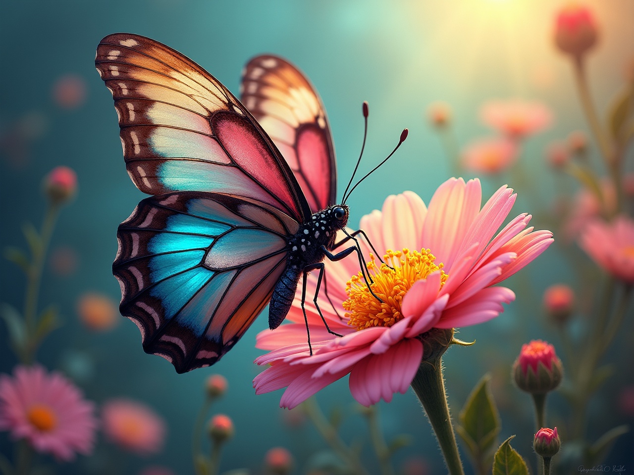 A colorful butterfly perched on a pink flower in a sunlit garden.