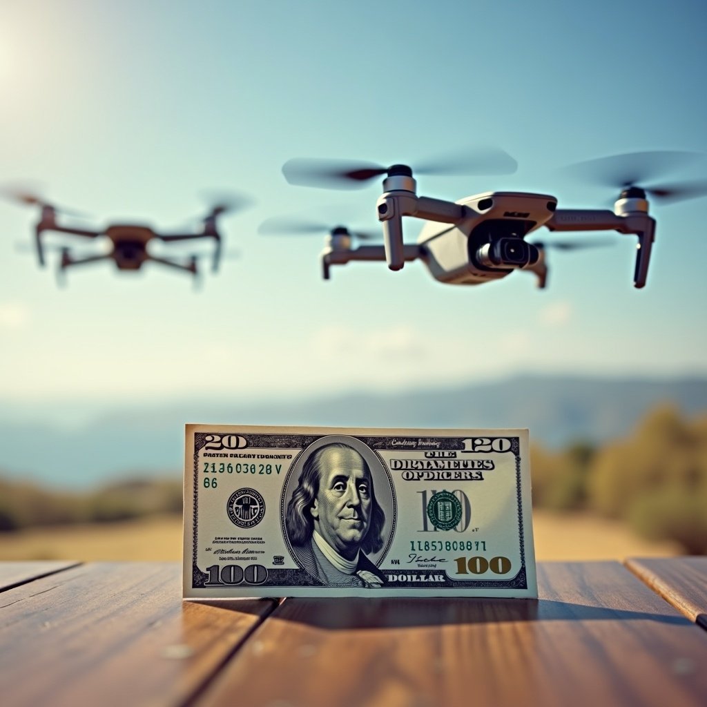 The image captures a 20 US dollar bill placed on a wooden table in the foreground. In the background, two drones are flying in a bright blue sky. The sunlight adds warmth and highlights the details of the bill and the drones. This scene symbolizes the merging of technology and finance. It evokes thoughts about innovation in delivery systems and financial transactions.