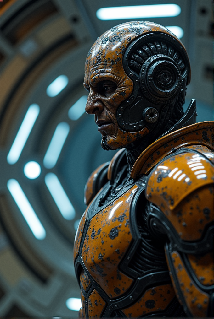 A close-up of a rugged, weathered humanoid cyborg with intricate mechanical details and an orange, speckled metal exoskeleton, standing in a futuristic, illuminated environment.