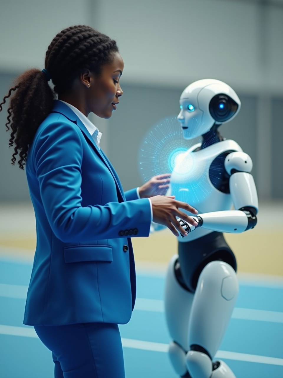 A woman in a blue suit interacting with a humanoid robot in a modern setting, both focused on a glowing holographic interface between them.