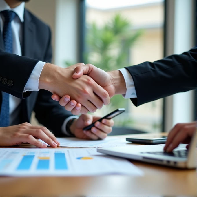 Two businesspeople in suits shake hands over a desk with documents, a laptop, and a smartphone, signifying a successful meeting or agreement.