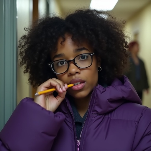 Cinematic shot of a young female college student with curly black hair. She wears a purple puffer jacket and bites on a pencil. A serious expression is on her face. The setting is a college hallway. Friends are present in the background.