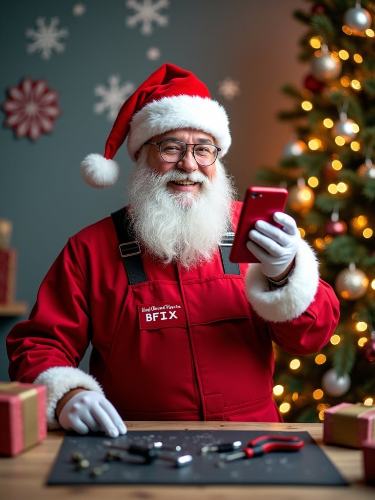 Christmas-themed poster for a mobile repair service. A cheerful Santa Claus dressed as a mobile repair technician wearing red overalls and a festive Santa hat. Holding a shiny red smartphone with 'Merry Christmas from BFIX' displayed on the screen. Surrounded by tools like screwdrivers, tiny screws, and a repair mat. Background features a decorated Christmas tree with sparkling lights and ornaments, alongside festive elements like snowflakes and gift boxes. Conveys warm and cheerful holiday vibes promoting modern mobile repair services.