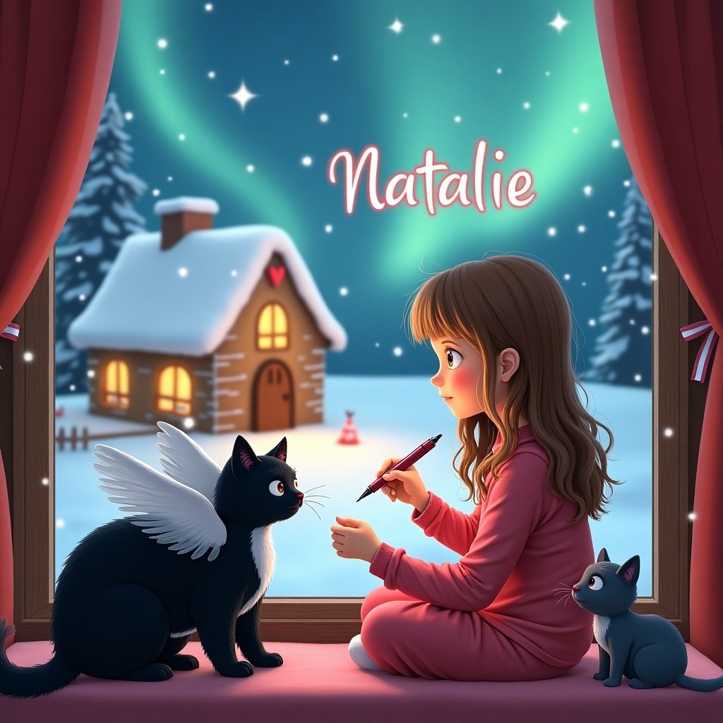 A whimsical scene features a girl with light brown hair and light brown eyes. She sits by a window next to a black tuxedo cat with angel wings and a gray tuxedo cat. She wears Christmas pajamas. Using a magic pen, she writes the name 'Natalie' in pink letters. Outside the window is a snowy landscape illuminated by northern lights, highlighting a gingerbread house in the background. The scene is magical and festive for the holidays.