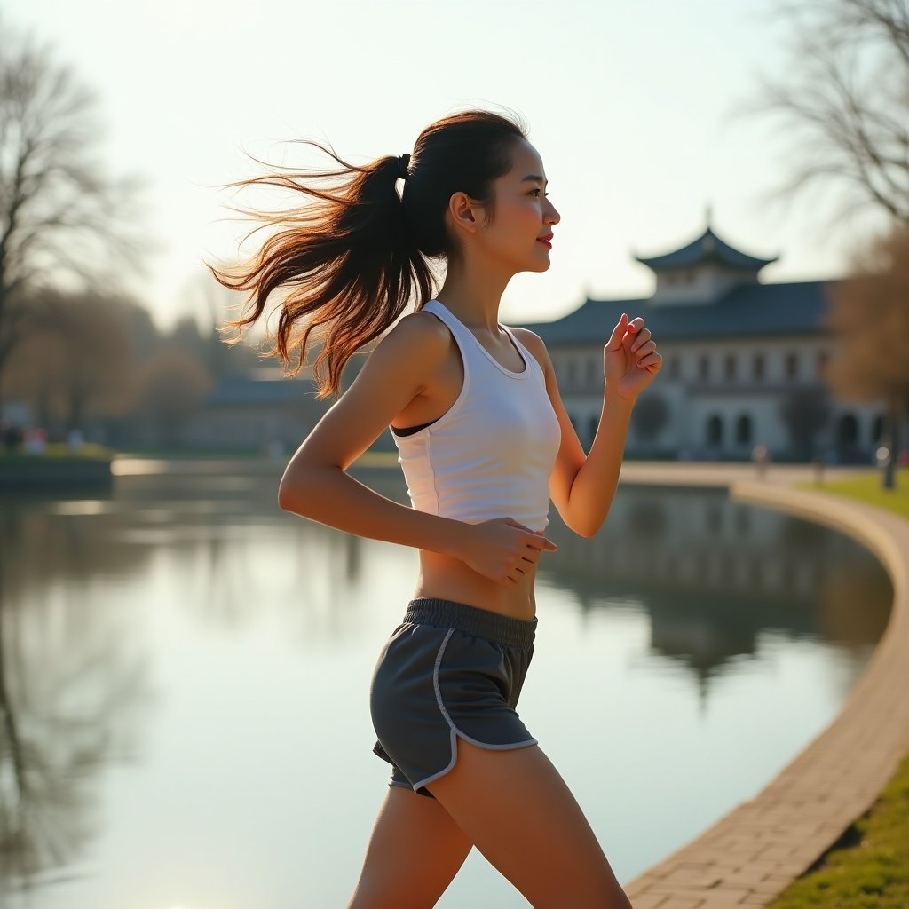 Side view of a glamorous athletic girl running around a lake. She has shiny hair and a bright expression. The atmosphere is dynamic and bright with sunlight. Full body shot in professional quality.