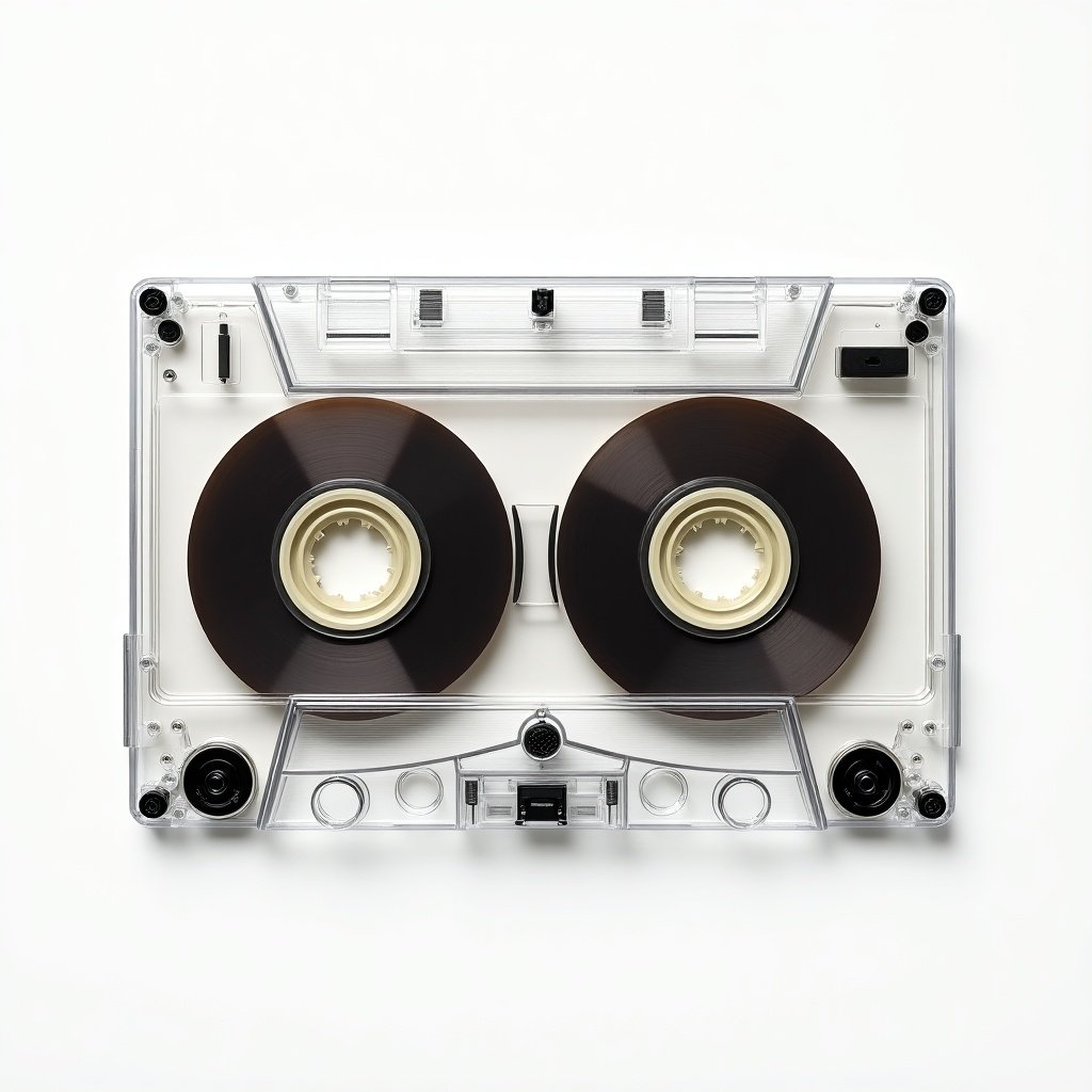 Classic transparent cassette tape displayed on a background. The image shows intricate design. Visible reels highlight charm of analog audio technology. Plain background emphasizes details. Appeals to music lovers and collectors, reminding of rich history of music recording.