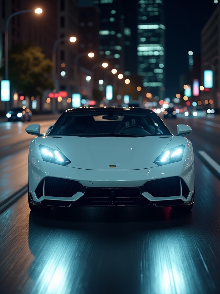 A sleek white car drives on a city street at night. The glowing headlights illuminate the road ahead. The urban skyscrapers shine in the background.