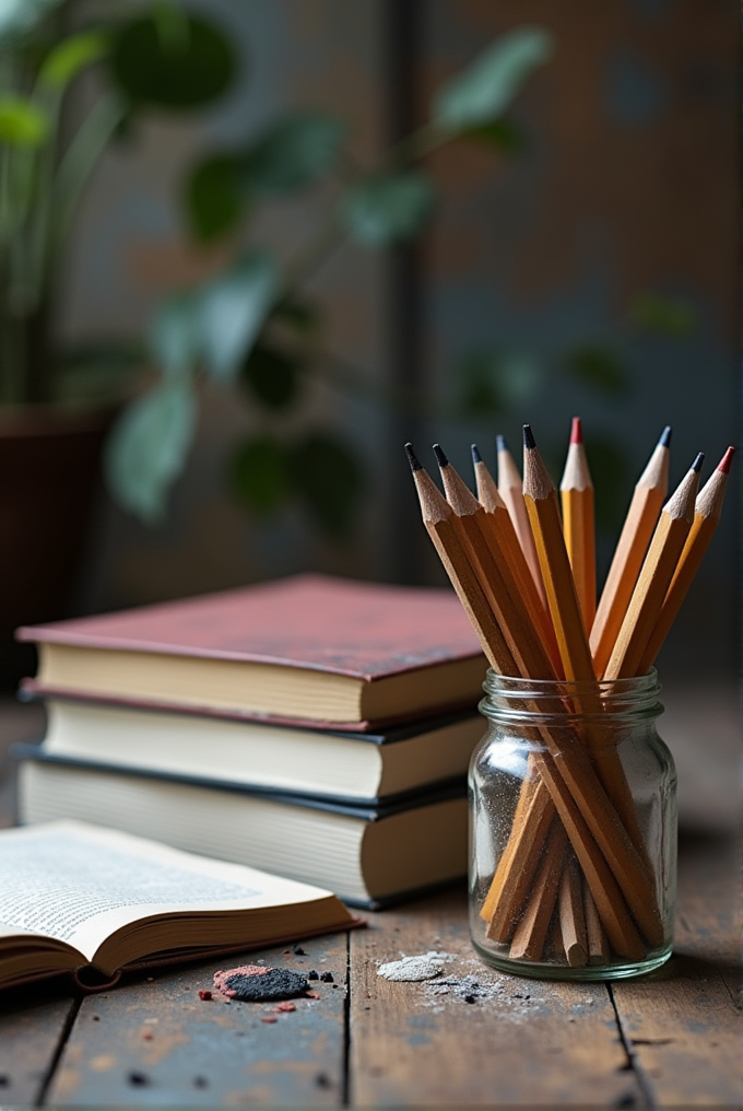 A jar filled with sharpened pencils sits on a wooden table beside open and closed books, with a blurred plant in the background.