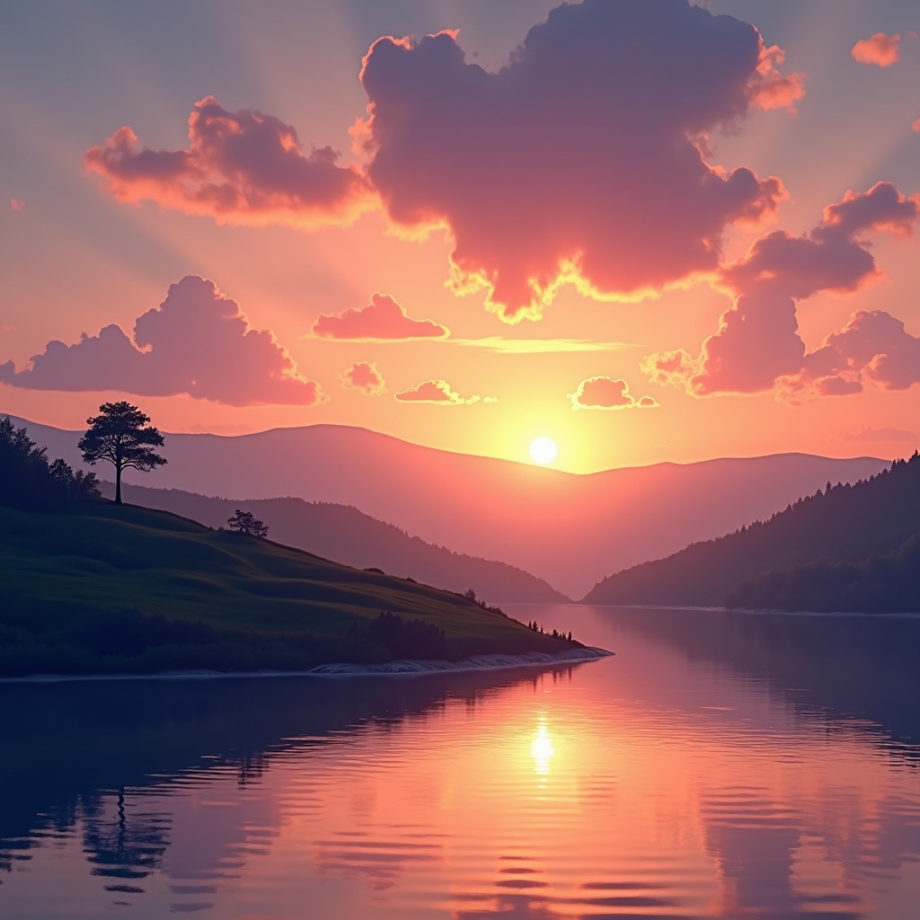 A sunset view over tranquil water with mountains in the background. Bright colors fill the sky, with clouds scattered. A single tree silhouette stands on the shore.