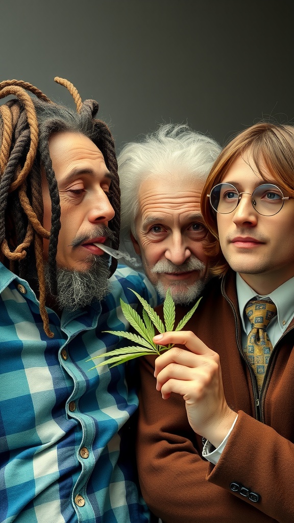 Three diverse individuals closely pose with a cannabis leaf.