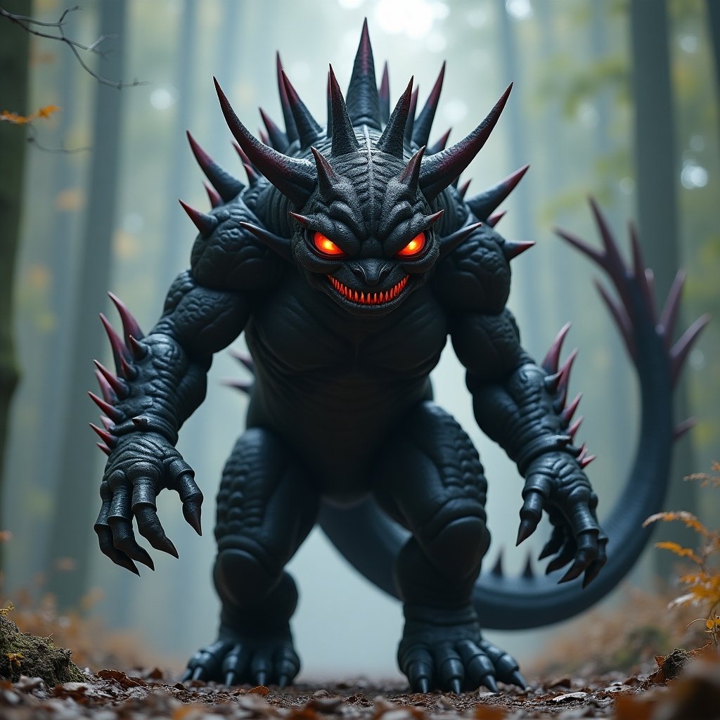 A large kaiju creature is depicted walking on all fours in a foggy forest. Its skin is entirely black, giving it a menacing look that blends with the shadows. The kaiju has spiky protrusions along its body and bone-like plates running down its spine. Two long tails, with spear-like tips, trail behind it as it moves. Its glowing red eyes stand out, reflecting a sense of danger and power amidst the muted forest colors. The atmosphere is eerie and mysterious, perfect for a horror or fantasy setting.