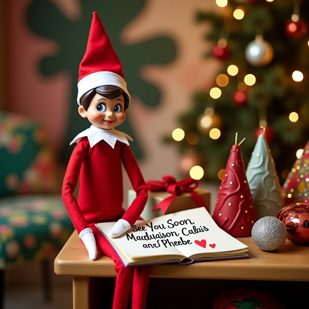 This image features a charming Elf on the Shelf, seated at a wooden table, writing in a book. The elf is wearing a classic red and white outfit, with a cheerful expression. On the open book, the words 'See You Soon Maddison, Calais and Phoebe' are clearly visible. The background is decorated with a beautifully adorned Christmas tree and softly glowing holiday lights. Colorful ornaments and festive decorations surround the scene, adding to the holiday spirit. The overall atmosphere is warm and inviting, embodying the joy of the Christmas season.