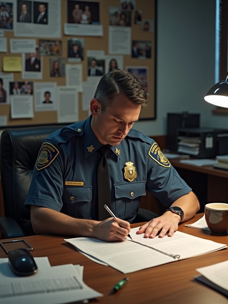 Police officer writing a witness statement. Officer in uniform sitting at a desk. Documents and photos might be on the wall. Warm lighting from a desk lamp. Serious focus on writing.