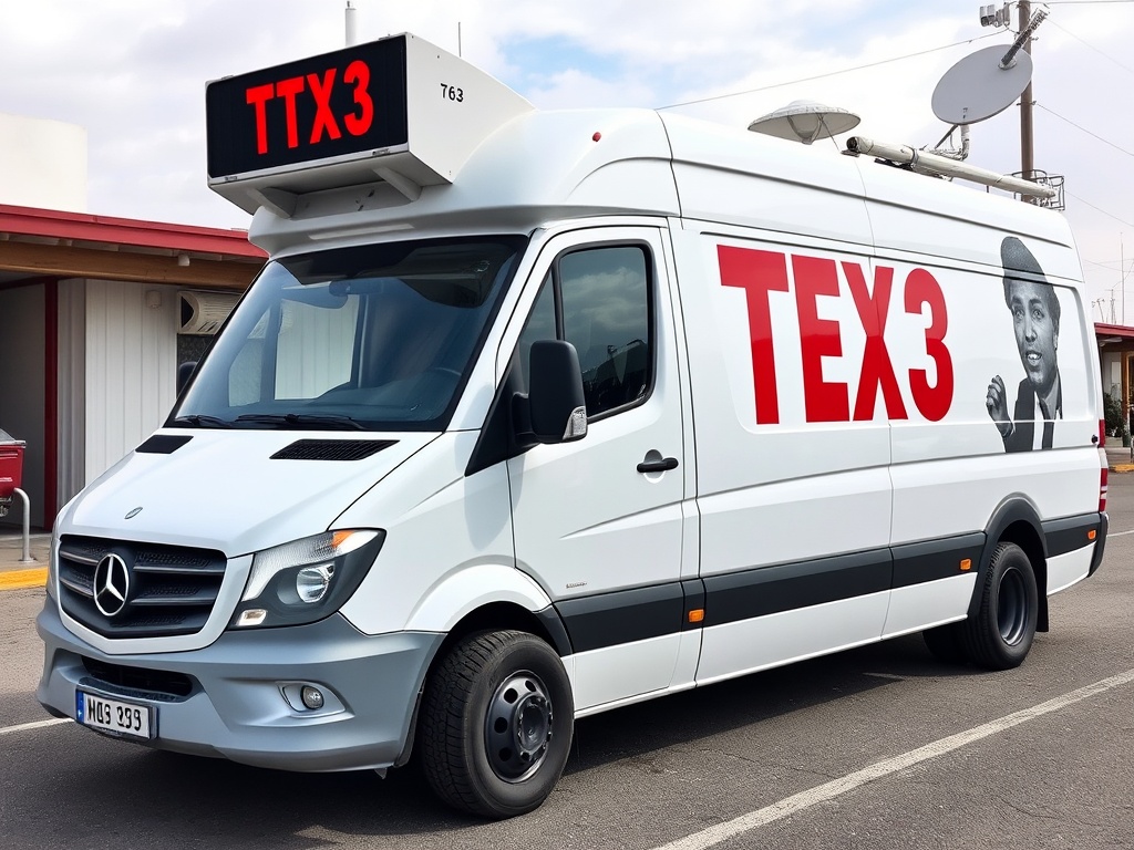 A mobile broadcast van marked with 'TTX3' parked outdoors equipped with satellite communication.