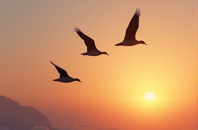 Three birds are flying in the sky against a vibrant sunset backdrop.