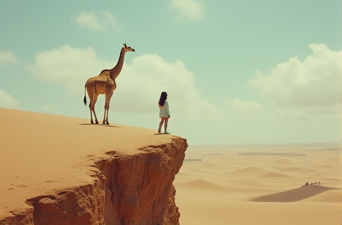 A girl and a giraffe stand side by side on the edge of a desert cliff, gazing at the vast sandy landscape.