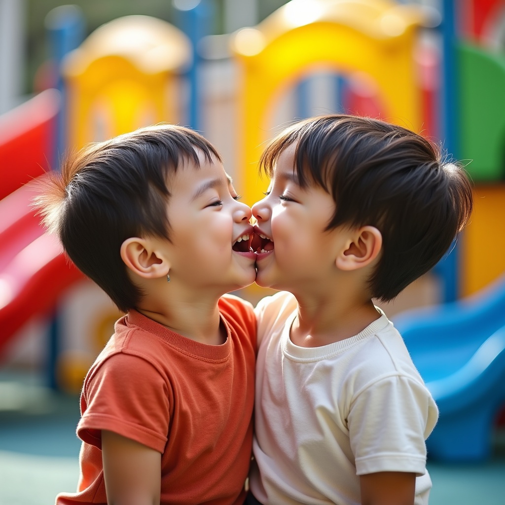 Two little boys share a sweet kiss on the lips. They are in a colorful and vibrant playground. Slides and play equipment surround them. Joyful expressions show innocence and affection. Bright sunlight enhances the background colors and playful mood. Scene represents childhood friendship and love.