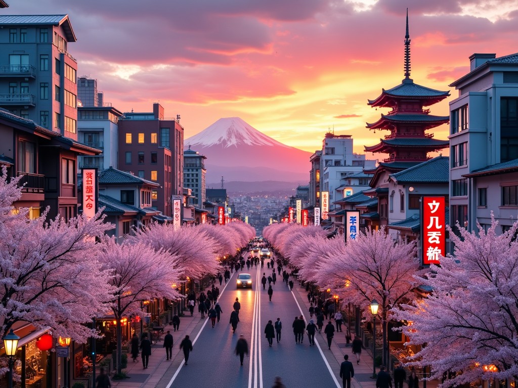 A stunning cityscape in Japan during cherry blossom season. The scene displays a vibrant sunset with Mount Fuji majestically rising in the background. Lined with pink cherry blossom trees, the street is bustling with people. Traditional Japanese buildings are seen alongside modern architecture. The atmosphere is peaceful and enchanting, capturing the beauty of spring in Japan.