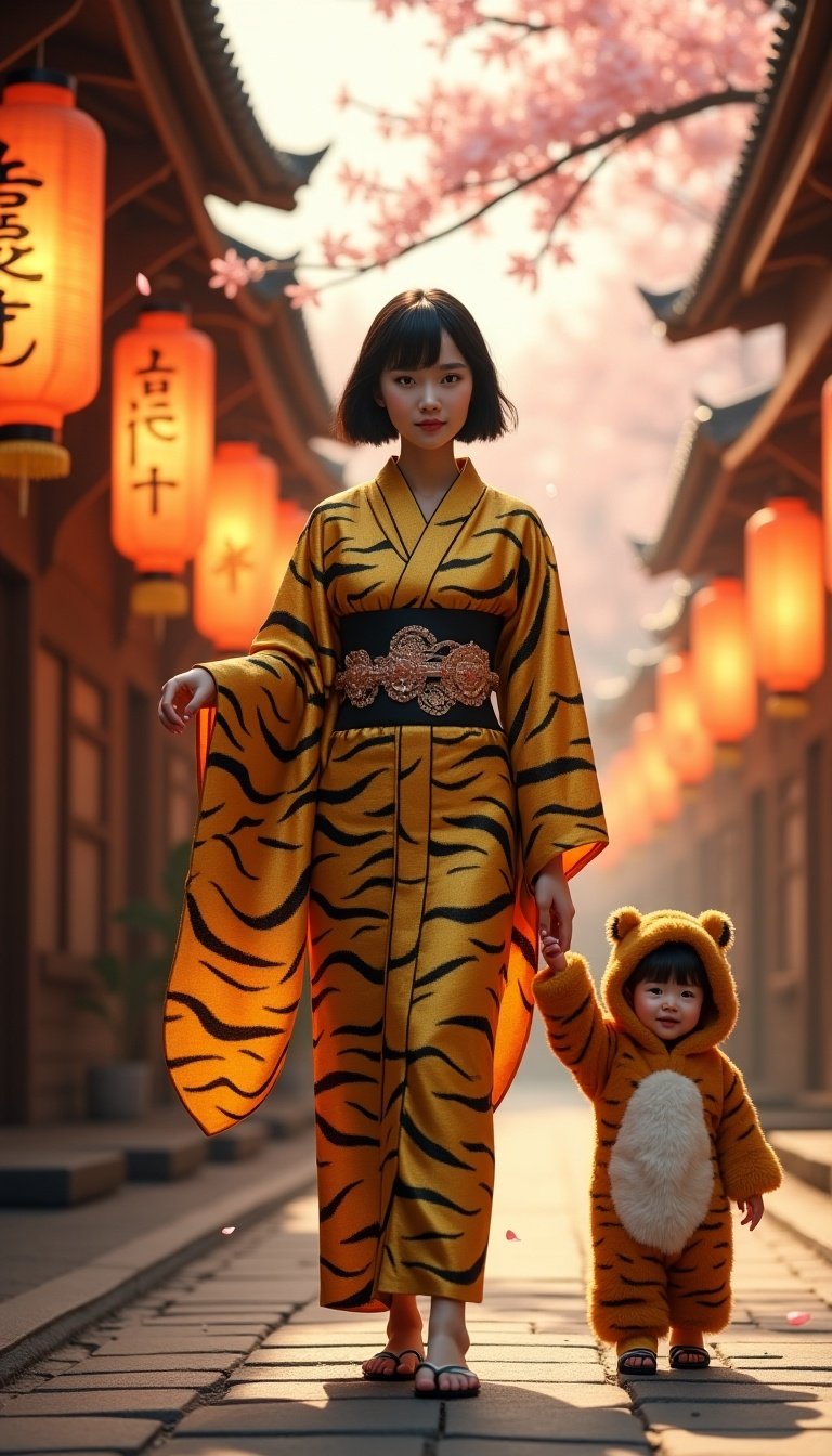 Image of a modern Japanese woman in a tiger-striped kimono walking with a chubby baby in a tiger costume. Scene set in a traditional Japanese village with lanterns and cherry trees. Captured during golden hour with warm lighting and cinematic effects.