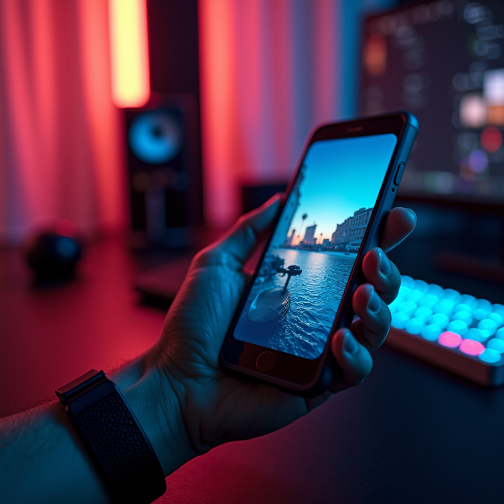 A hand holds a smartphone showing a cityscape, with a colorful desk setup in the background.