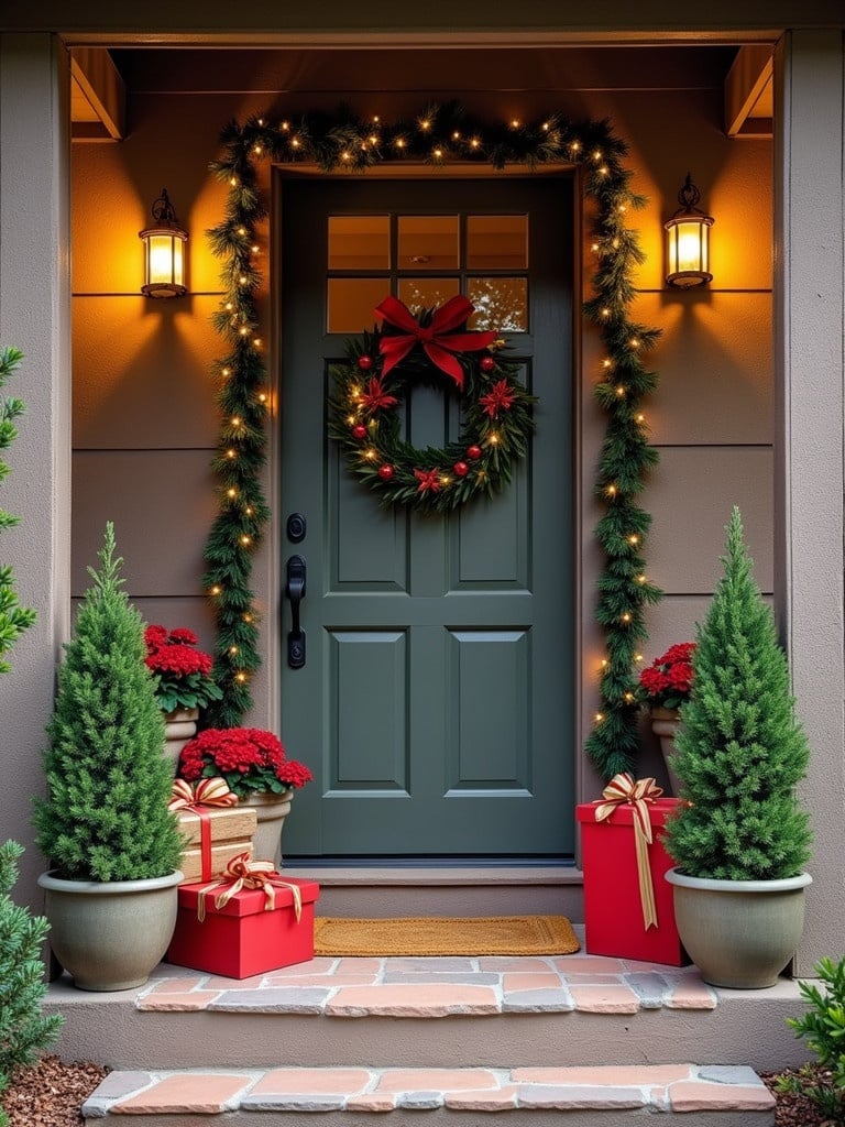 Decorations for Christmas on a rustic porch. Features a wreath potted plants and gifts. Warm lighting enhances the inviting atmosphere.