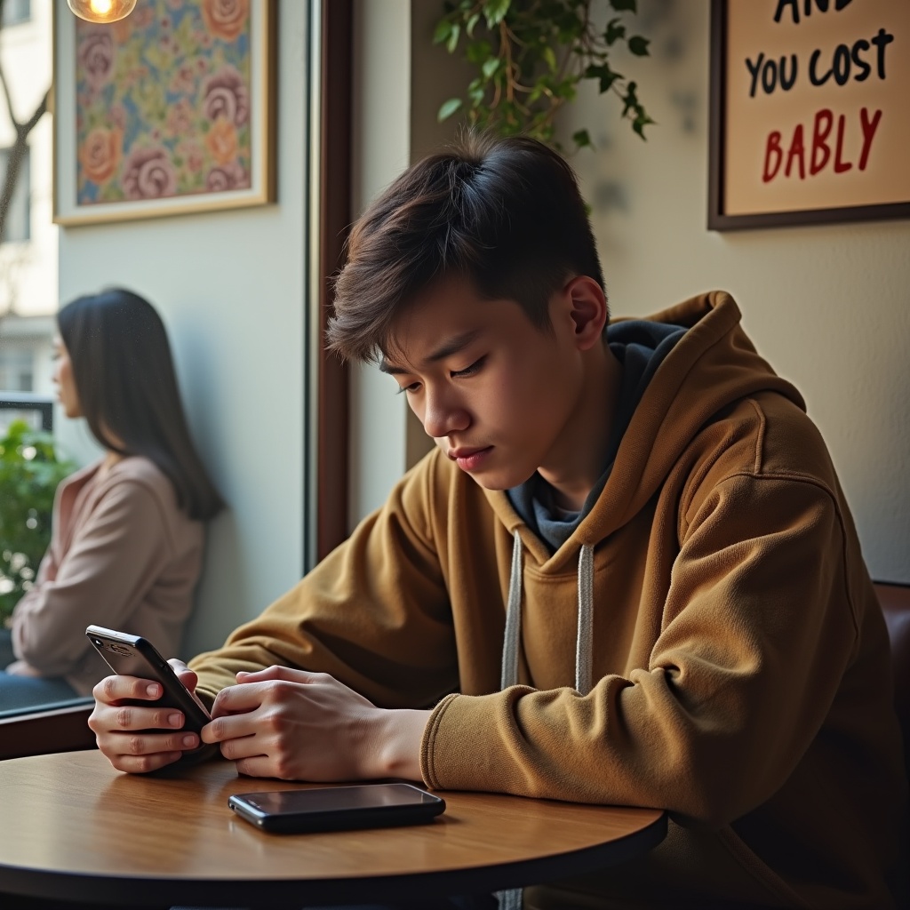 A young man sitting in a cafe, looking down at his phone with a concerned expression, reflecting on a missed connection with a woman in the background, window light illuminating the scene.