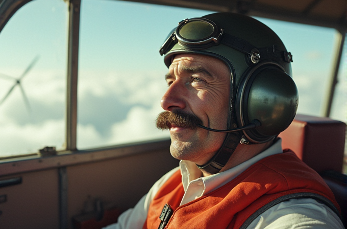 A pilot with a mustache is gazing out of the cockpit, flying above the clouds.