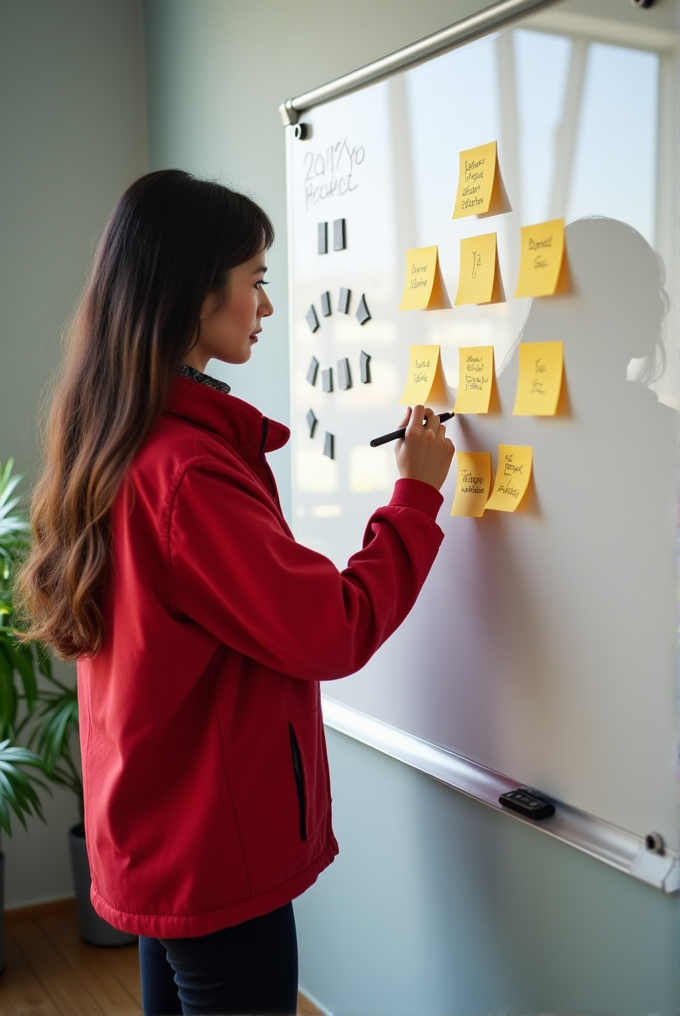 A woman in a red jacket writes on sticky notes placed on a whiteboard.