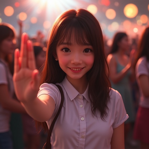 Asian girl in a white collared shirt looking at the viewer. Brown hair and a smile with her arm raised. Blurry crowd in the background during a dancing party.