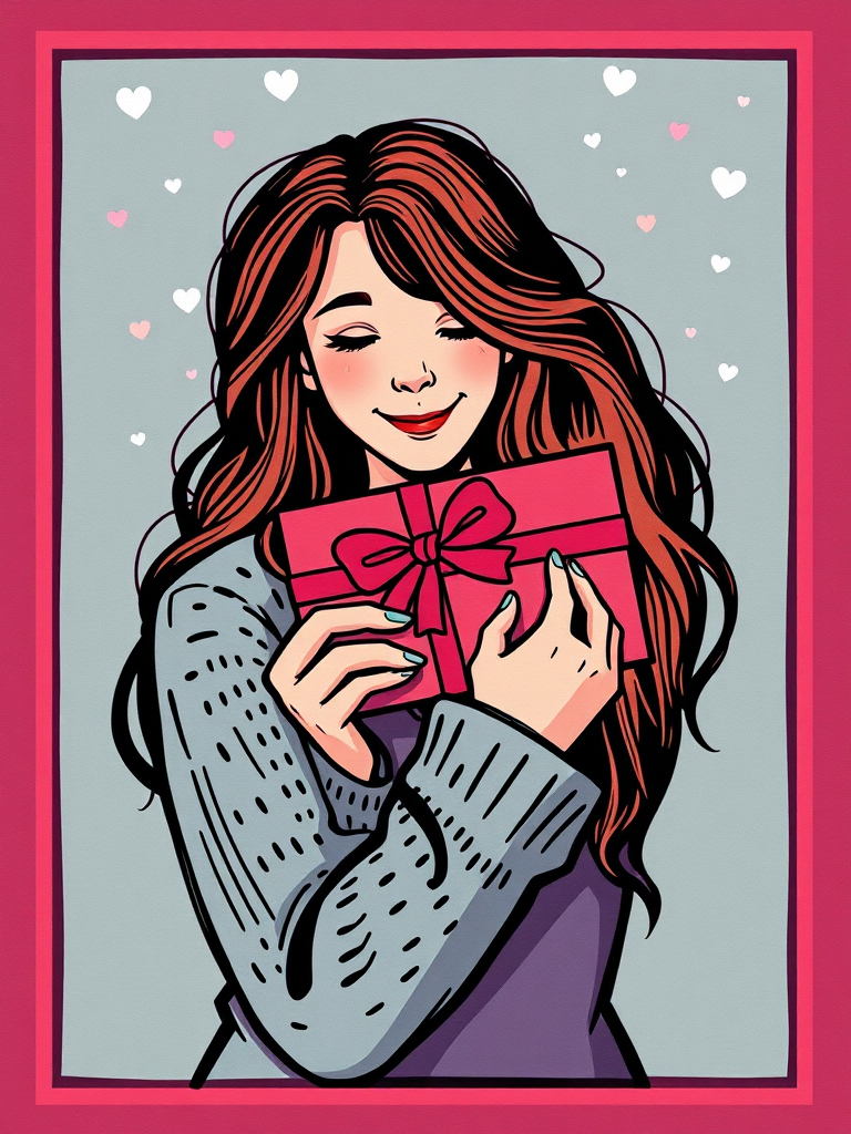 A woman smiles warmly while holding a gift box tied with a bow, surrounded by small hearts.