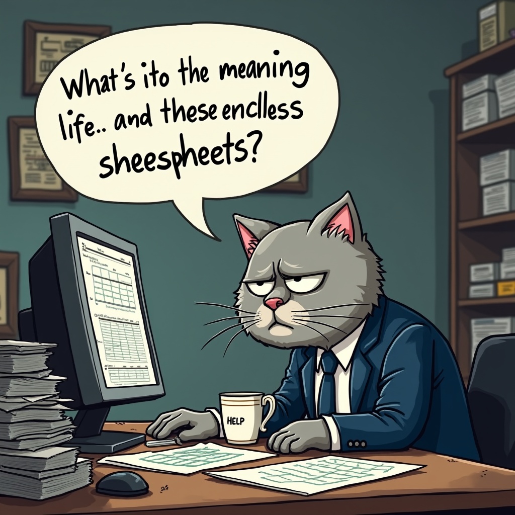 This cartoon illustration features a grumpy cat dressed in office attire, seated at a desk cluttered with paperwork and a computer displaying spreadsheets. The cat's disgruntled expression and the speech bubble, "What's it to the meaning life.. and these enclless sheeshpeets?", humorously convey a sense of existential dread commonly associated with office work. The office setting is detailed with stacks of papers and a mug labeled 'Help'.