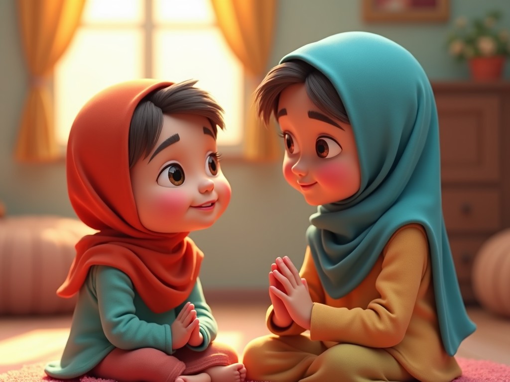 The image shows two young children engaging happily in a cozy indoor setting. One child wears a bright orange scarf, while the other dons a soft blue hijab. They sit in a friendly pose, hands clasped together, as they look at each other with joyful expressions. The soft, warm lighting creates an inviting atmosphere. You can see hints of playful decor in the background that adds to the cheerful mood.